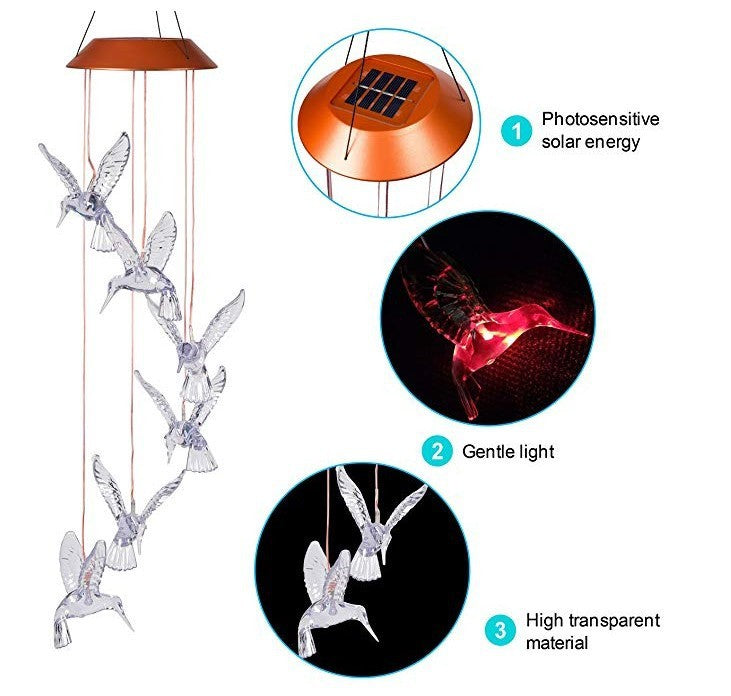 Color-Changing LED Solar Hummingbird Wind Chime – Vibrant Garden Light for Day and Night