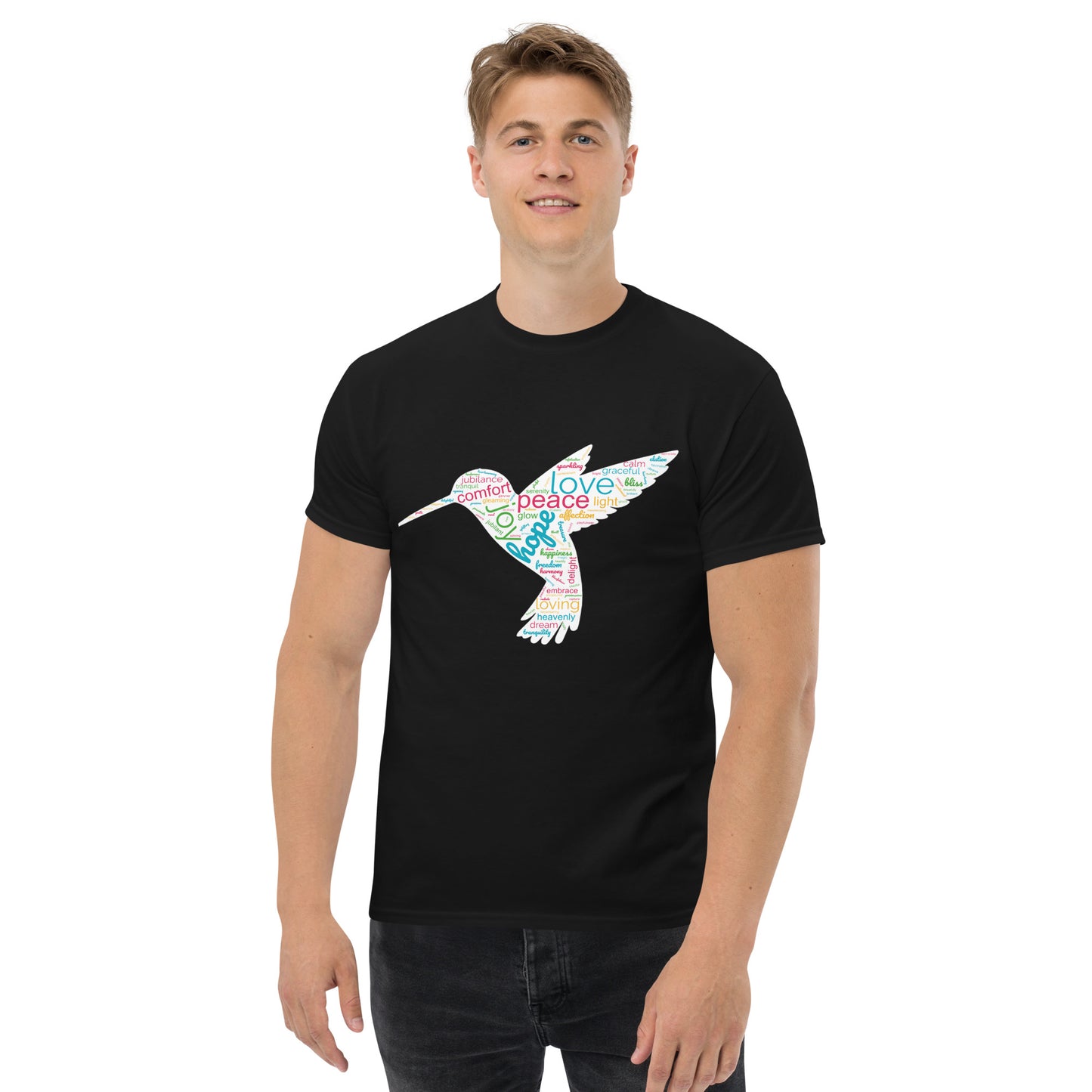 Men's Unique Hummingbird Word Cloud T-Shirt – Capturing Love, Peace, and Joy