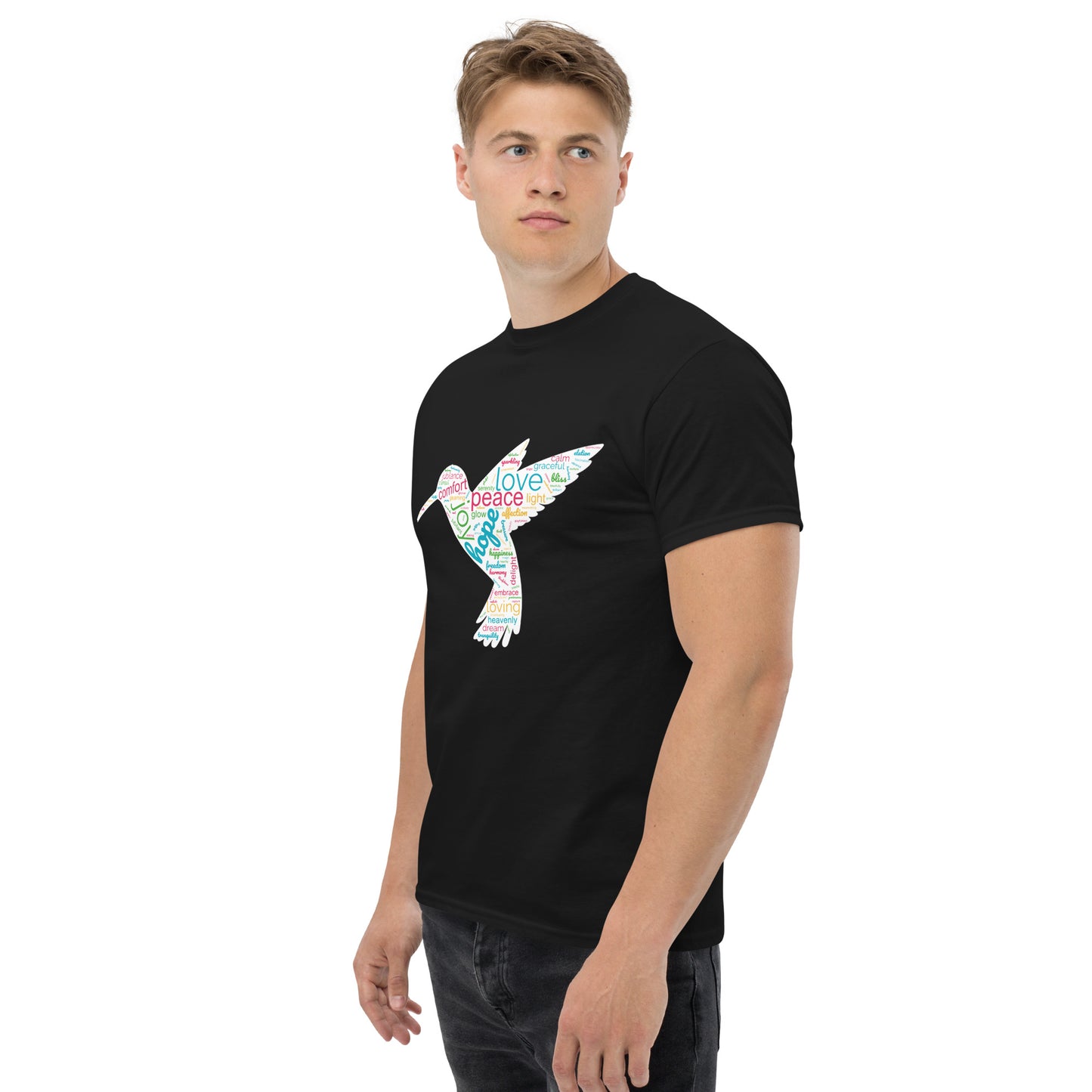 Men's Unique Hummingbird Word Cloud T-Shirt – Capturing Love, Peace, and Joy