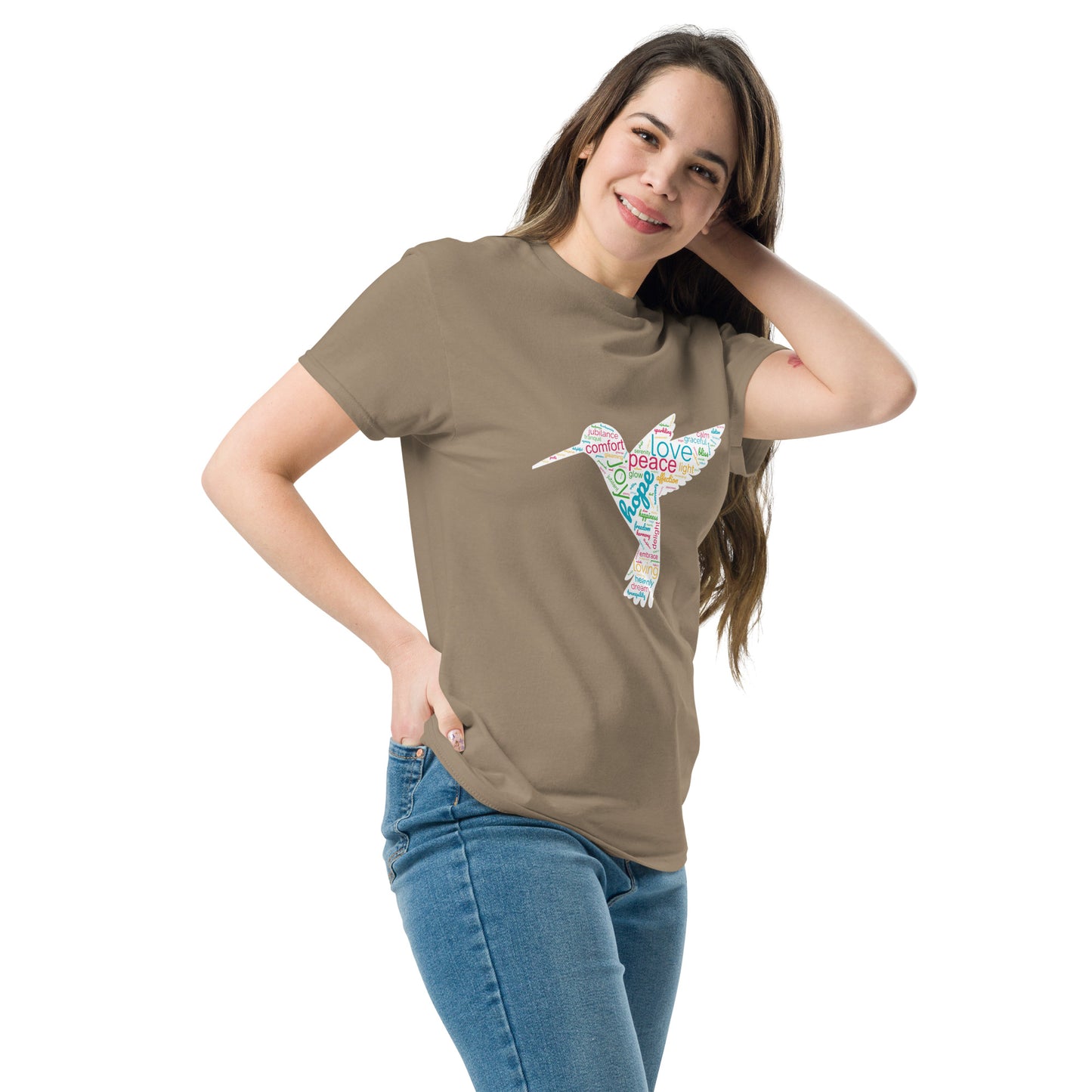 Women's Vibrant Orange Hummingbird Word Cloud T-Shirt: Capturing Love, Peace, and Joy