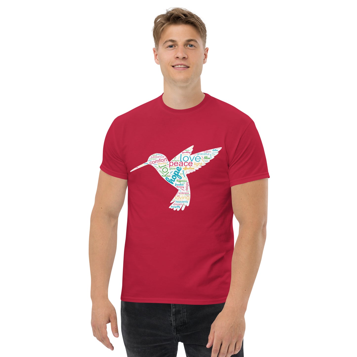 Men's Unique Hummingbird Word Cloud T-Shirt – Capturing Love, Peace, and Joy