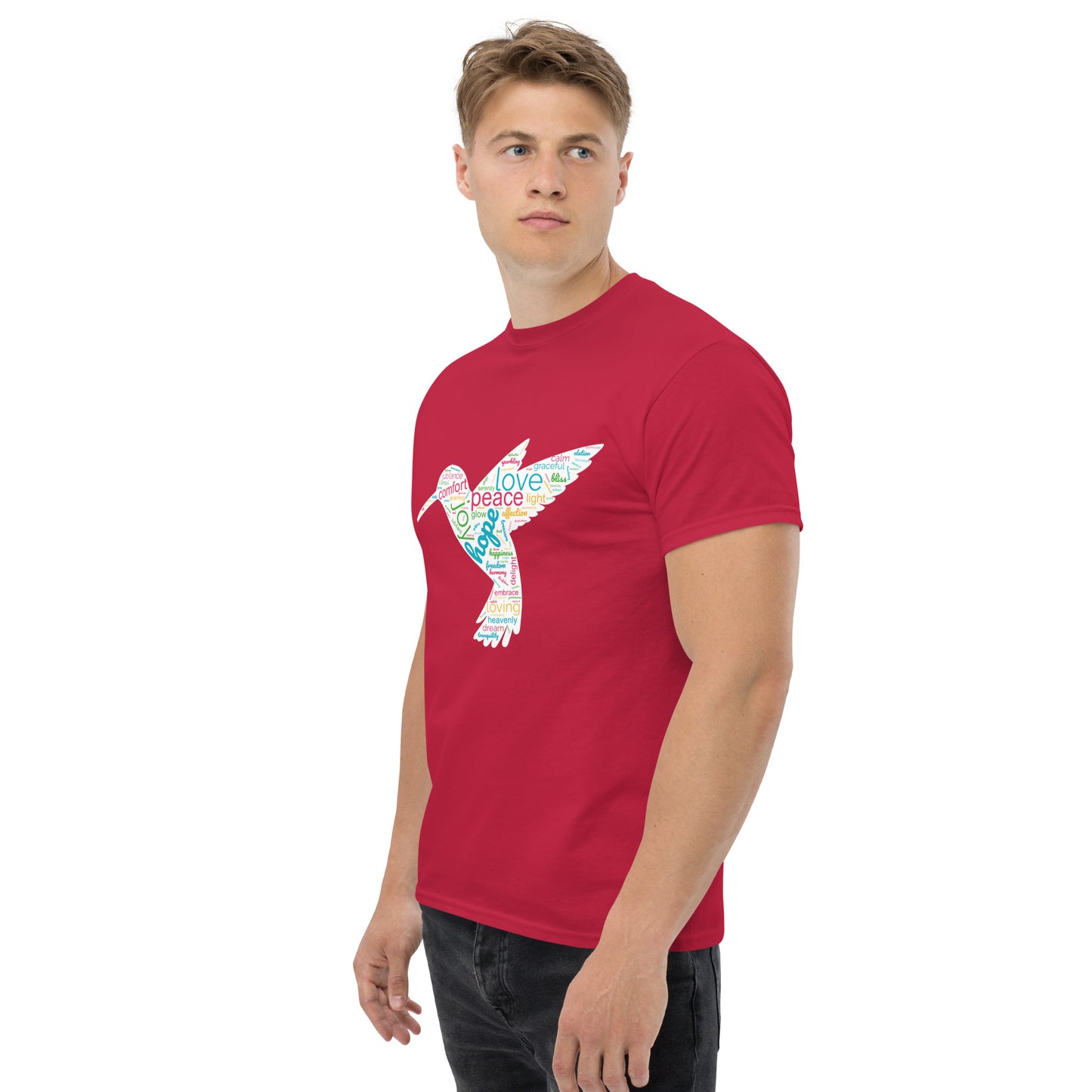 Men's Unique Hummingbird Word Cloud T-Shirt – Capturing Love, Peace, and Joy