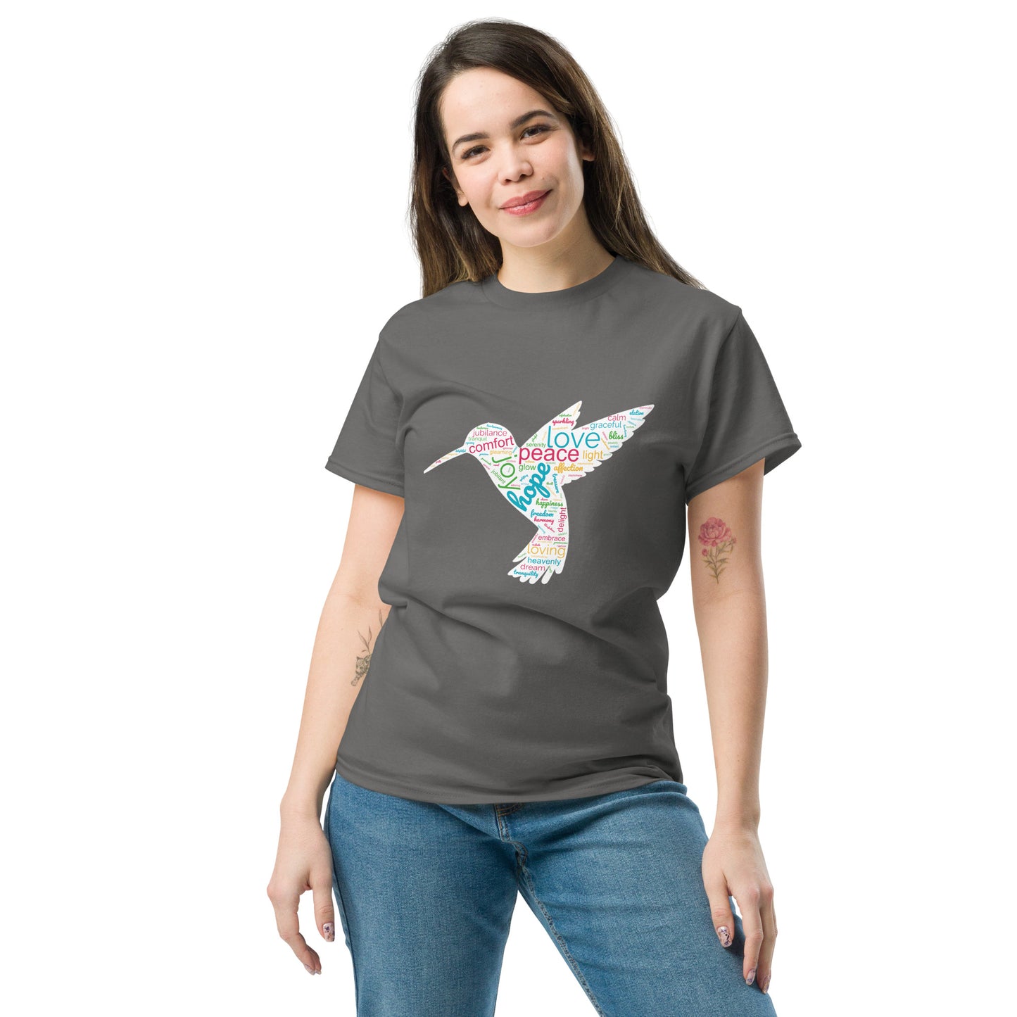 Women's Vibrant Orange Hummingbird Word Cloud T-Shirt: Capturing Love, Peace, and Joy