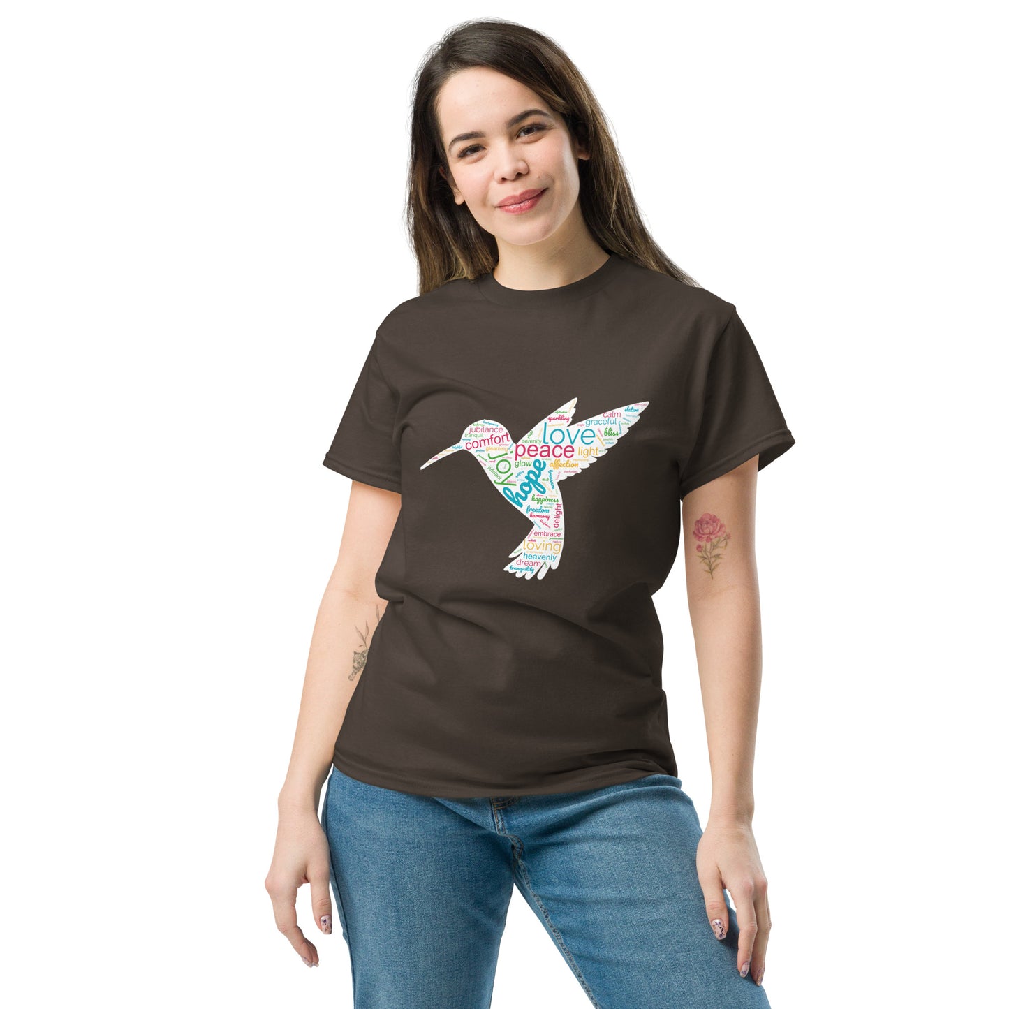 Women's Vibrant Orange Hummingbird Word Cloud T-Shirt: Capturing Love, Peace, and Joy