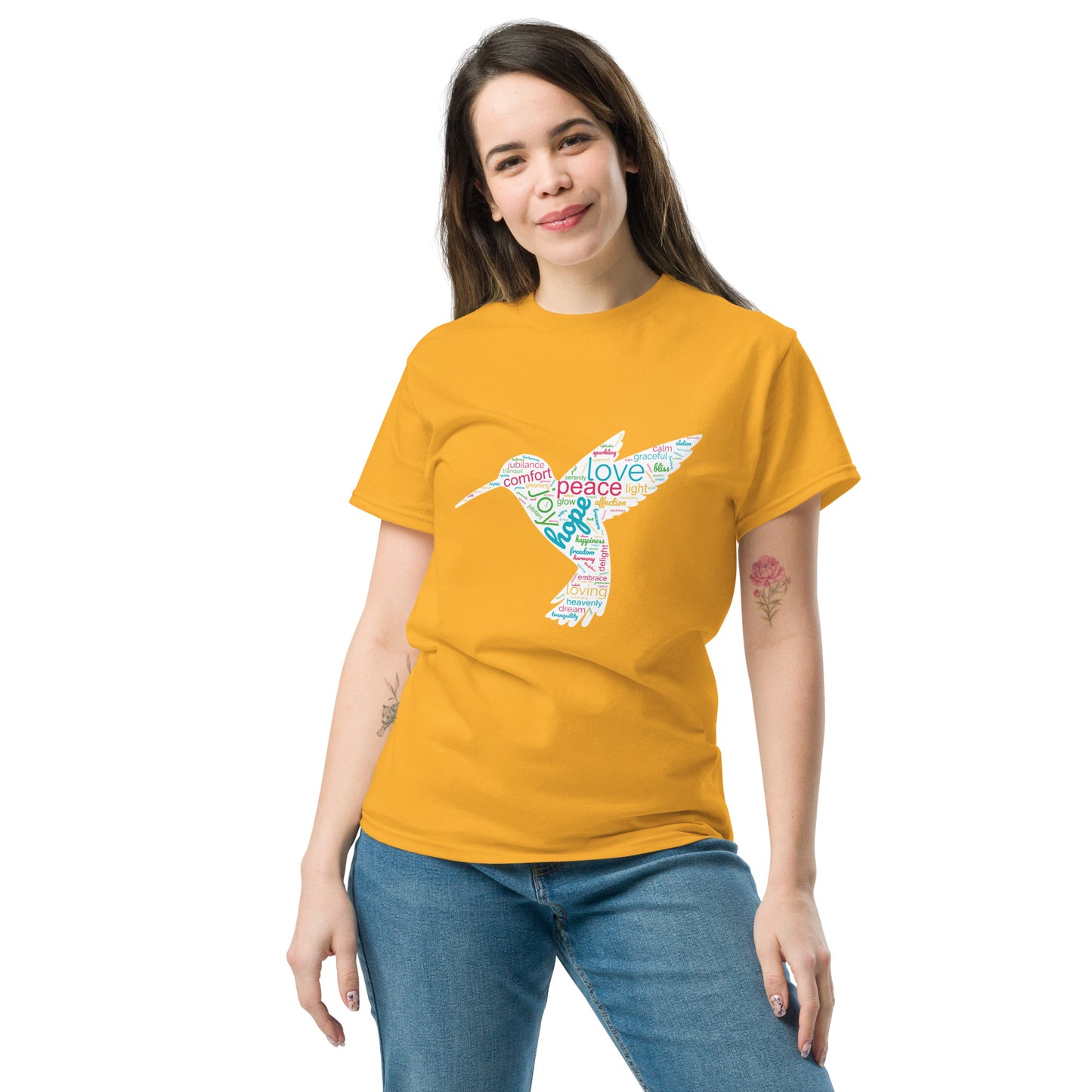 Women's Vibrant Orange Hummingbird Word Cloud T-Shirt: Capturing Love, Peace, and Joy