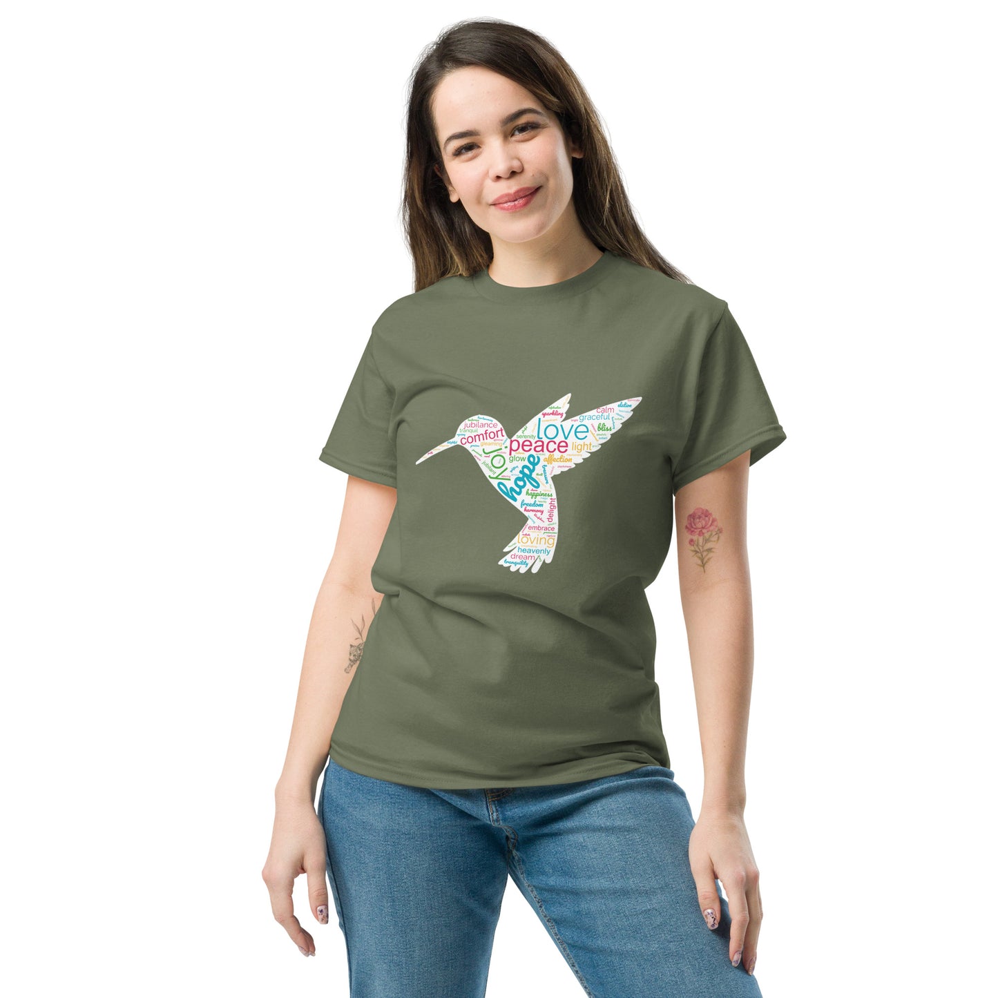 Women's Vibrant Orange Hummingbird Word Cloud T-Shirt: Capturing Love, Peace, and Joy