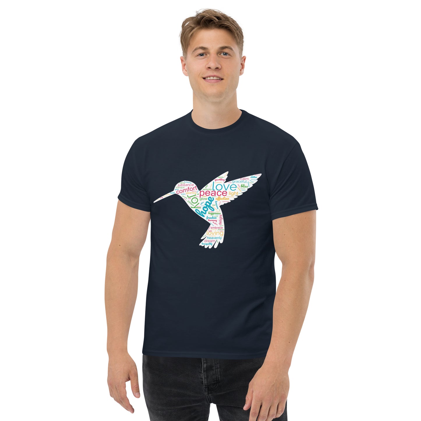 Men's Unique Hummingbird Word Cloud T-Shirt – Capturing Love, Peace, and Joy