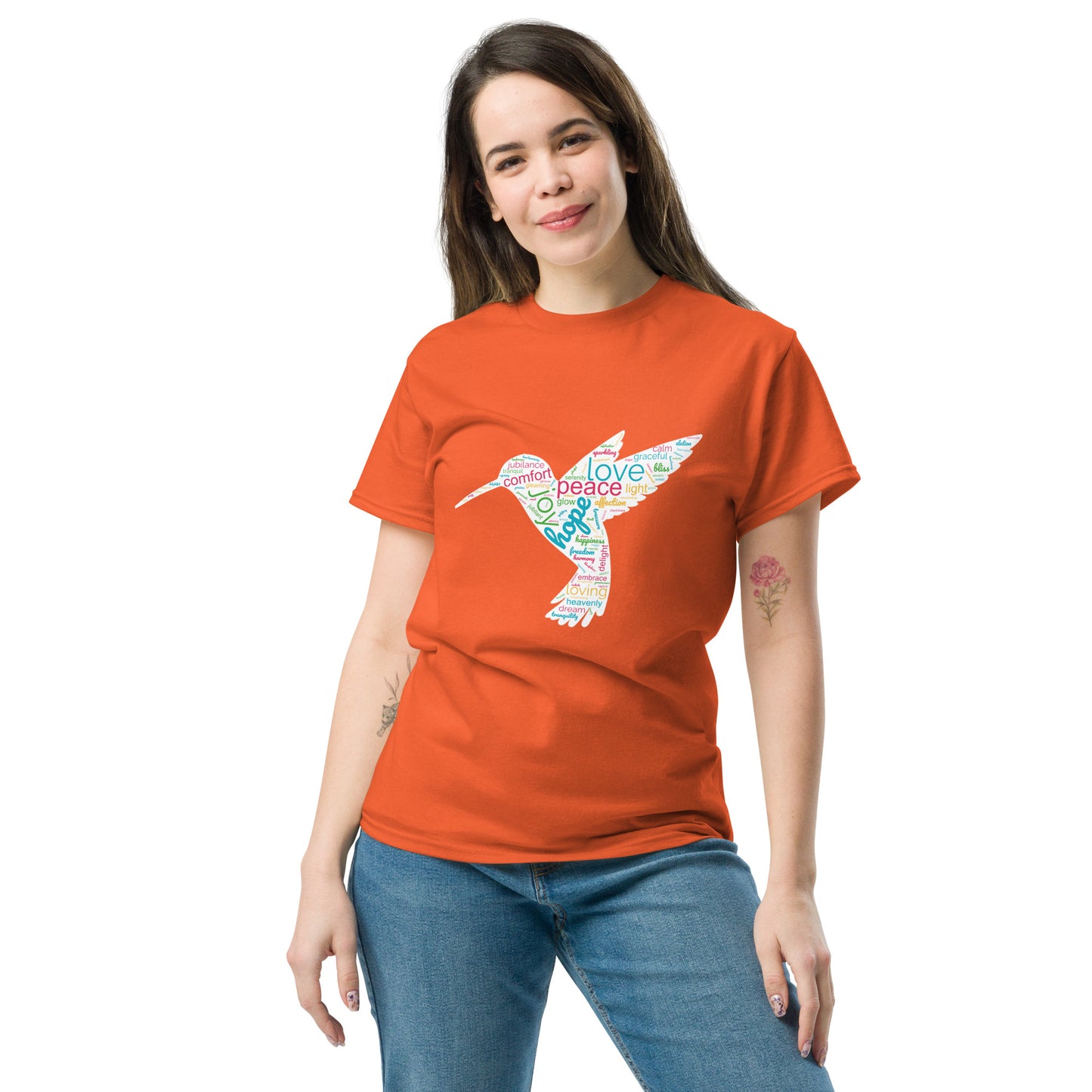 Women's Vibrant Orange Hummingbird Word Cloud T-Shirt: Capturing Love, Peace, and Joy