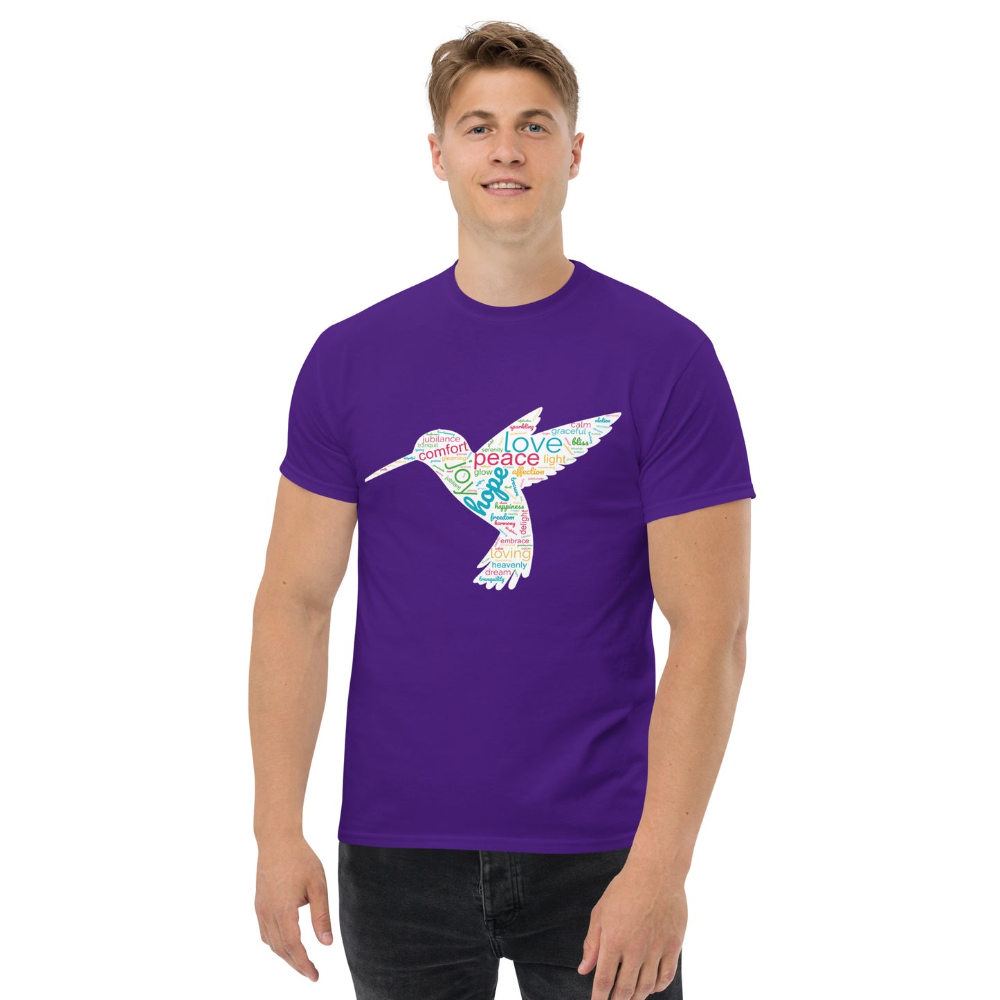 Men's Unique Hummingbird Word Cloud T-Shirt – Capturing Love, Peace, and Joy