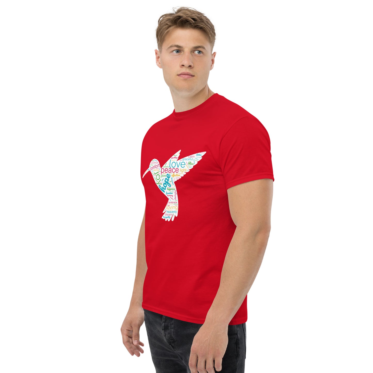 Men's Unique Hummingbird Word Cloud T-Shirt – Capturing Love, Peace, and Joy