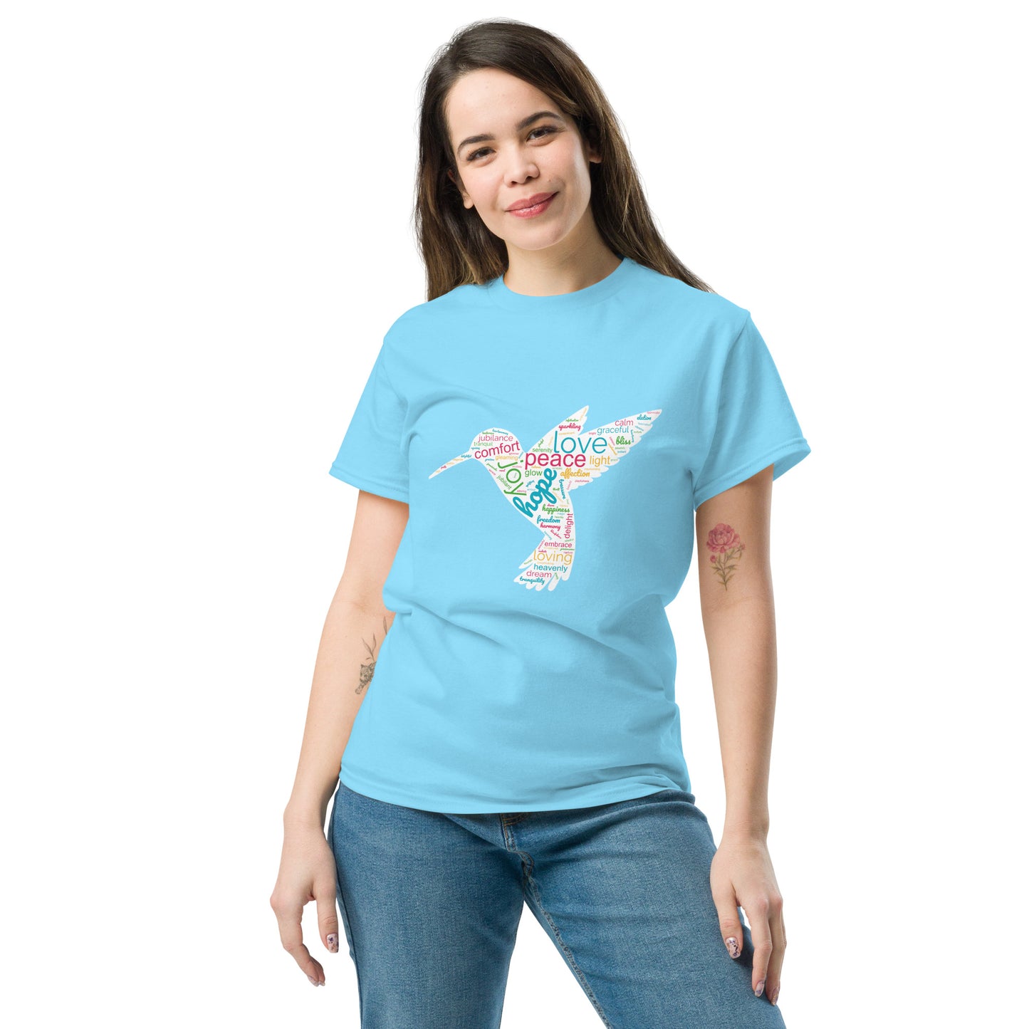 Women's Vibrant Orange Hummingbird Word Cloud T-Shirt: Capturing Love, Peace, and Joy