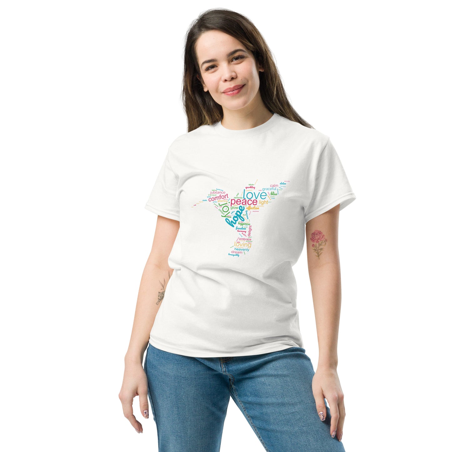 Women's Vibrant Orange Hummingbird Word Cloud T-Shirt: Capturing Love, Peace, and Joy